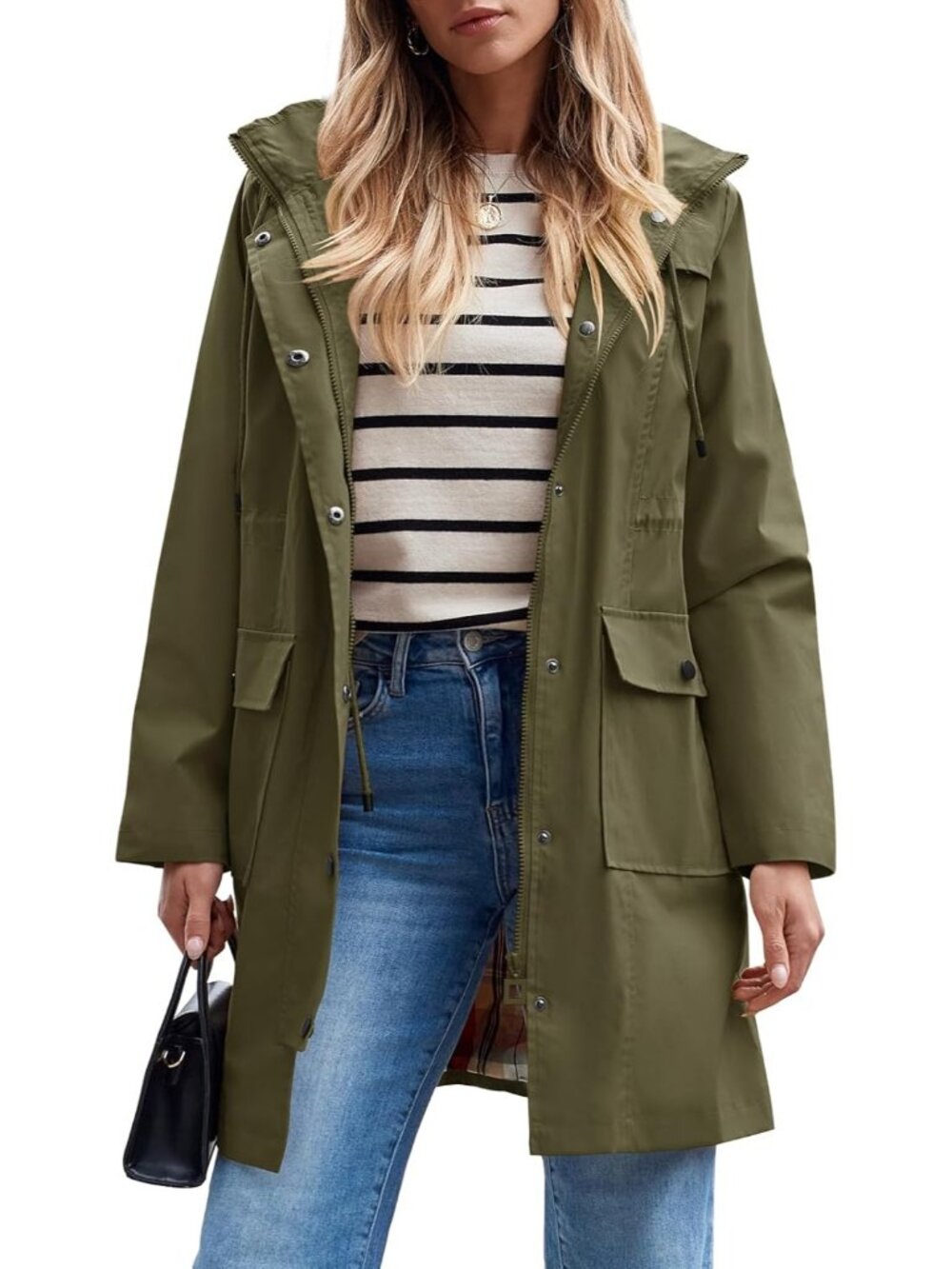 Women's Olive 100% Polyester Hooded Long Waterproof Packable Trench Rain Coat